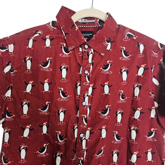 Denim & Flower Ricky Singh Button Front Red Penguin Shirt Short Sleeve Men M - Picture 2 of 8